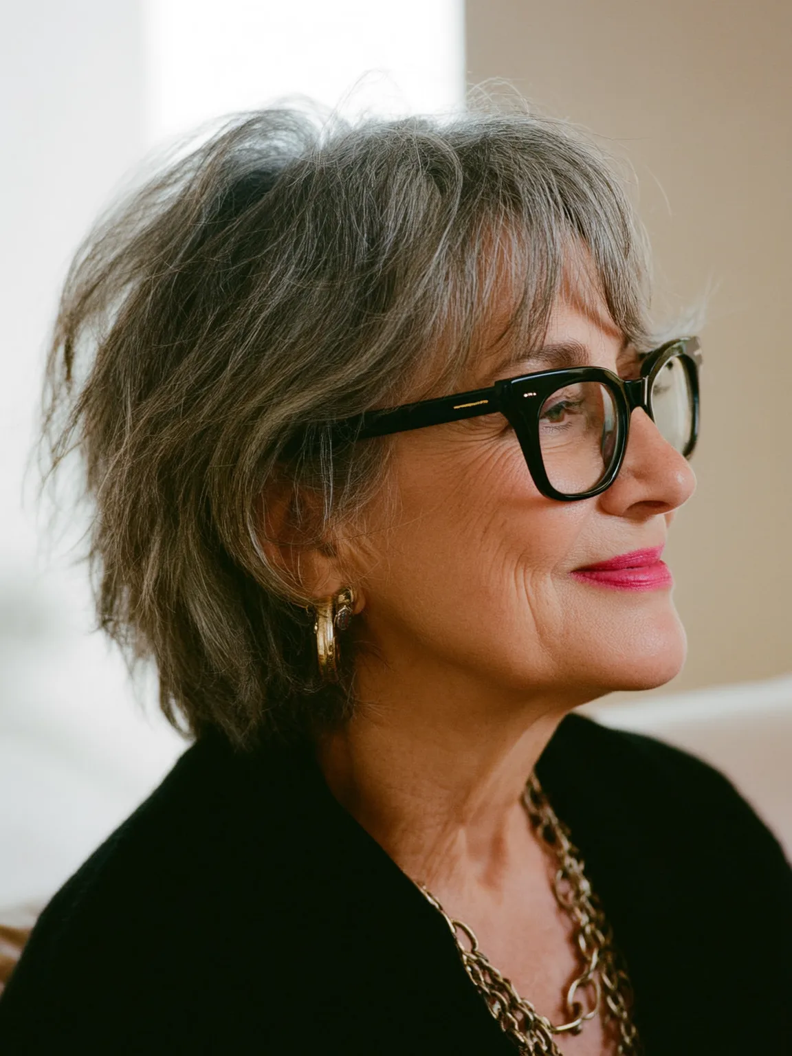 Layered Wavy Pixie in Soft Silver Gray with Side-Swept Bangs